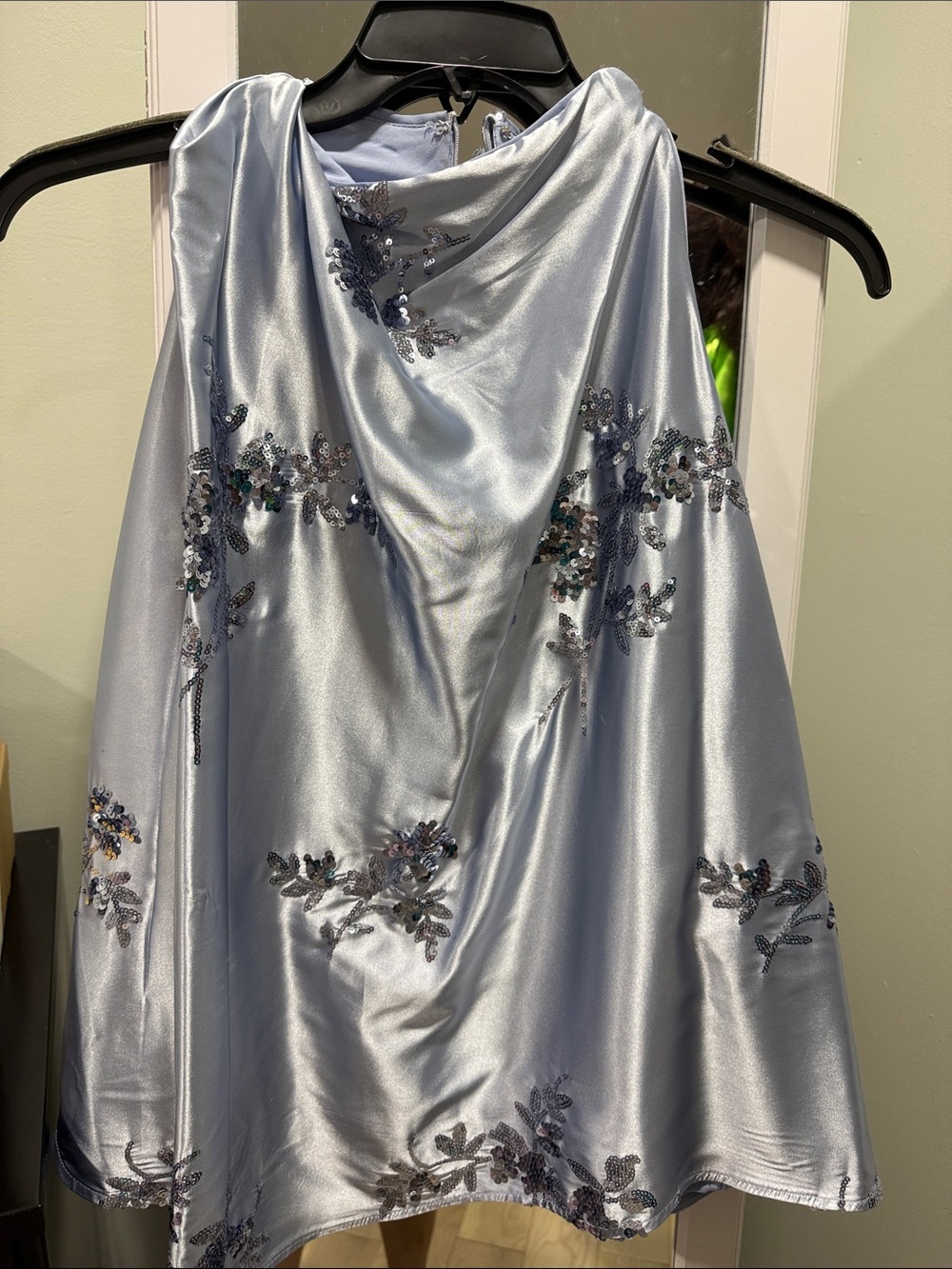 Donna Karan Light Blue Satin Blouse with Sequin Floral Appliqué